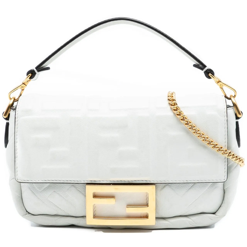 Fendi Schultertasche Mini Zucca Embossed Leather Baguette Satchel weiß