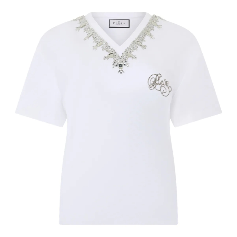 Philipp Plein T-Shirt Man Fit V-Neck T-Shirt Crystals weiss