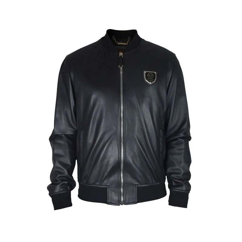 Philipp Plein Bomberjacke Black Leather Bomber Jacket With Zip Closure Black
