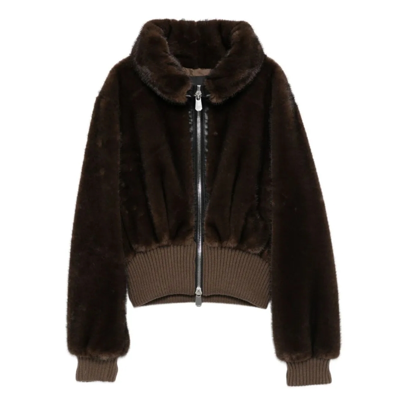 Pinko  Cropped Jacket With Plush Faux Fur Texture Black