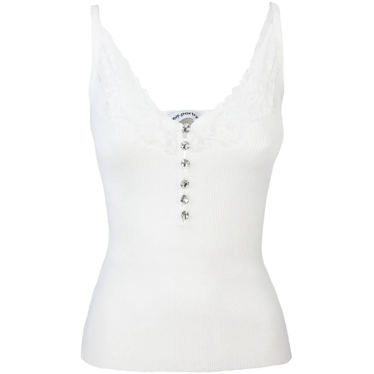 Self Portrait White Lace Trim Rib Knit Top White | T-Shirt