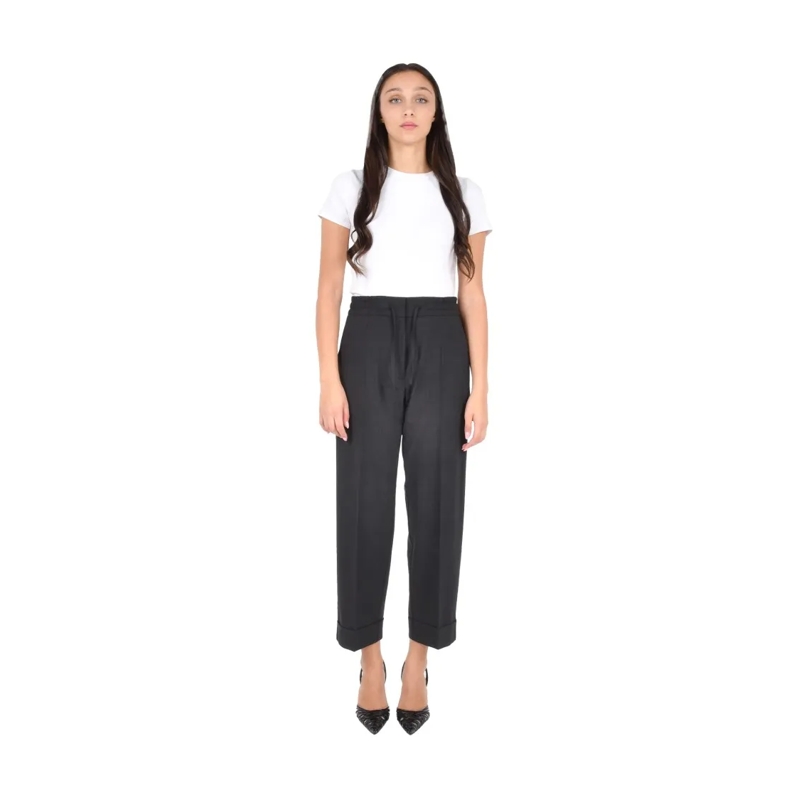 P.A.R.O.S.H.  Cropped Dark Brown Trousers With Drawstring Waist Black