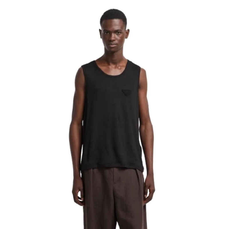 Emporio Armani T-shirt Stretch Linen Tank Top With Embroidered Logo Black