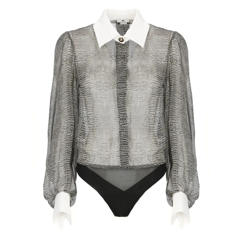 Elisabetta Franchi  Silk Bodysuit With Delicate Reptile Scale Pattern Grey