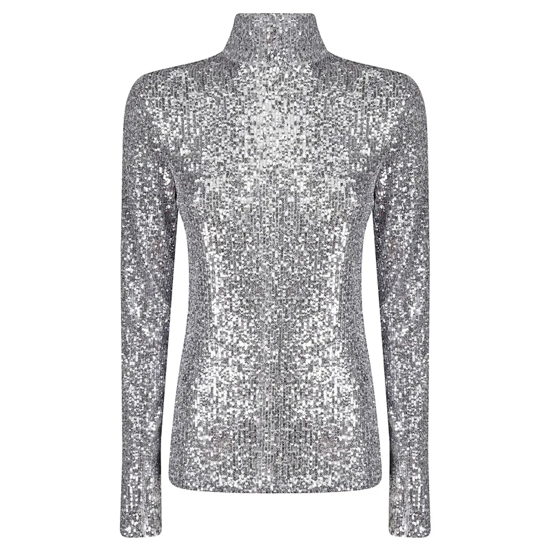 Paco Rabanne Haut à manches longues High-Neck Long-Sleeved Jersey Top With Sequin Embe Grey