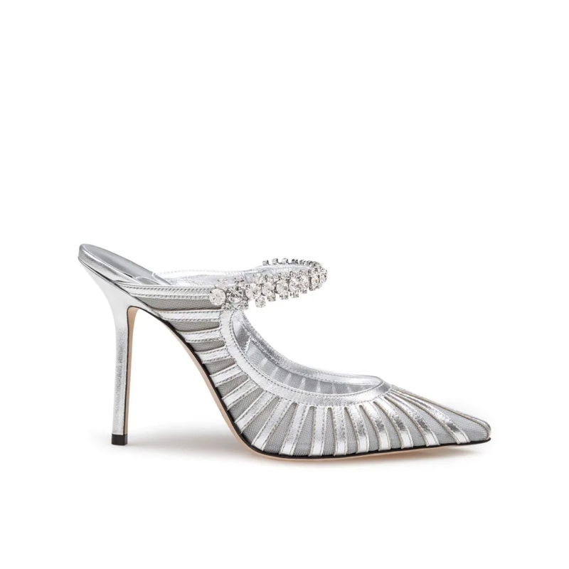 Jimmy Choo Mules Pointed-Toe Silver Mules With Jeweled Instep Strap White
