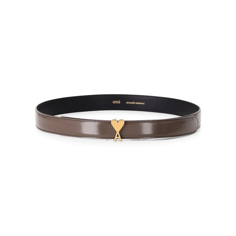 AMI Paris Riem Refined Brown Calfskin Belt With Heart-Shaped Buck Brown