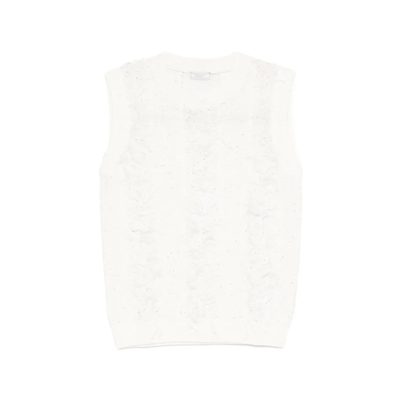 Peserico Trui Textured Knit Sleeveless White Sweater With Fringe White
