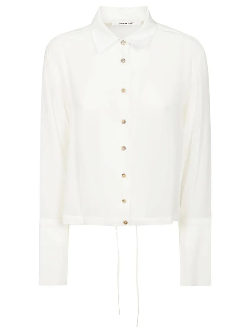 Thumbnail - Liviana Conti - Cropped White Silk Shirt With Golden Button Closur - Größe 44 - weiß