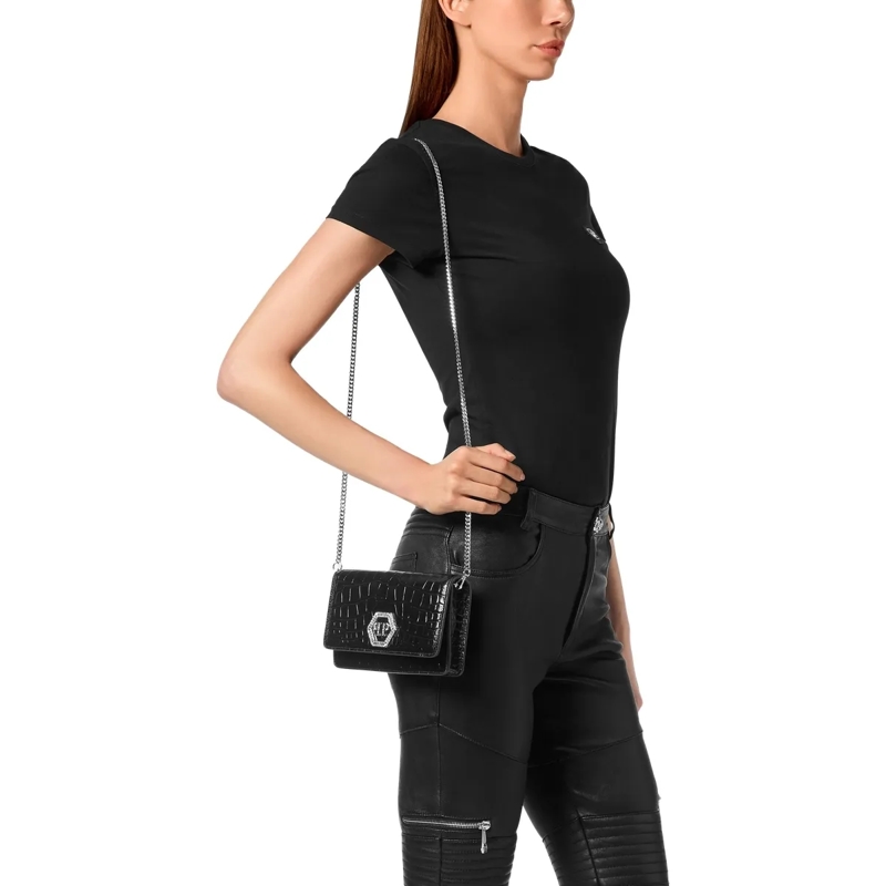 Philipp Plein Schultertasche Klappentasche Hexagon Crocco Geprägt schwarz(Image 3)