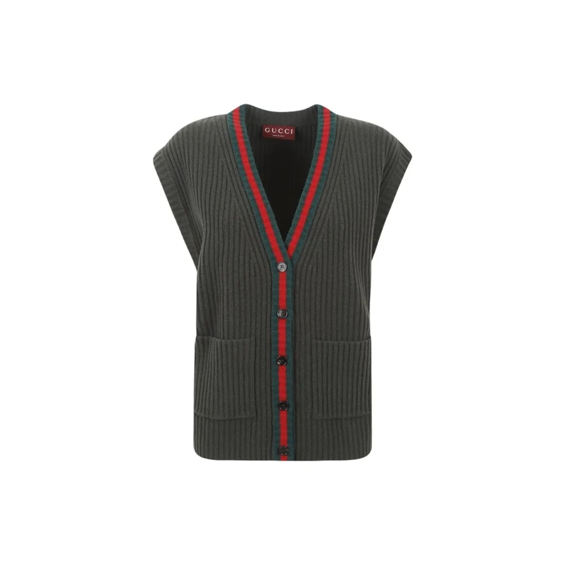 Gucci Strickjacke Ribbed Knit Cardigan Vest With Contrasting Trim Black