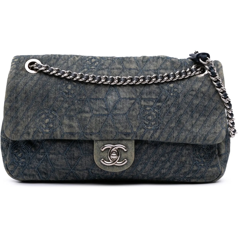 Chanel Sac à bandoulière Large Embroidered Denim Camellia Flap blau