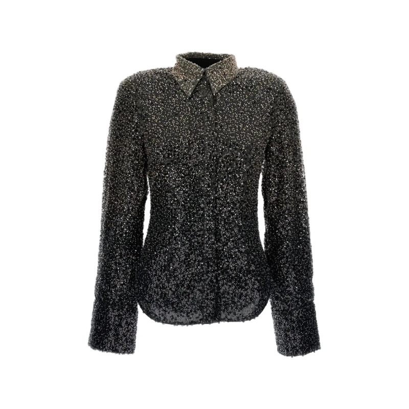 Rotate Overhemd Beaded Long-Sleeve Polo-Style Shirt With Classic C Black