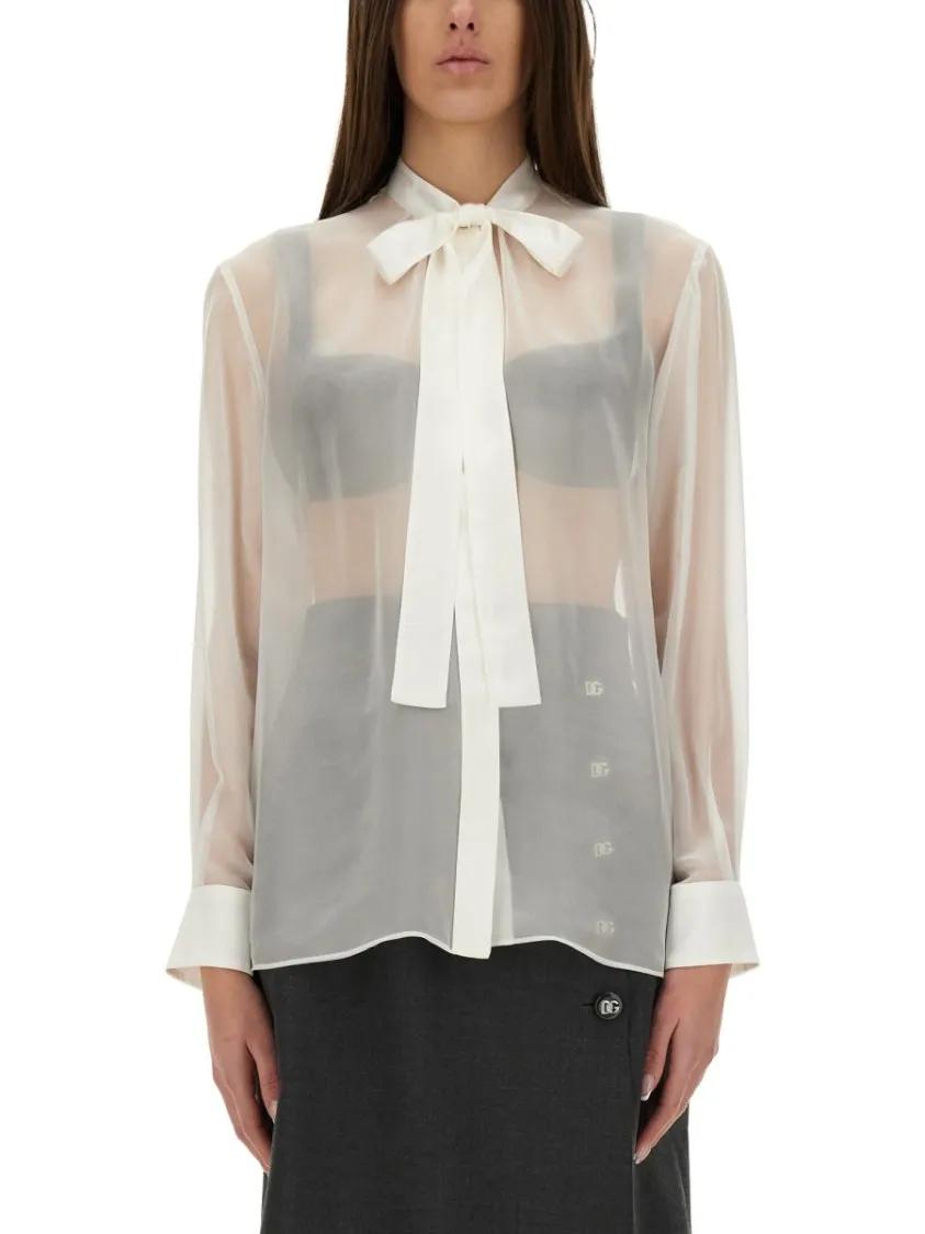 Thumbnail - Dolce&Gabbana - Chiffon Shirt With Bow - Größe 42 - weiß