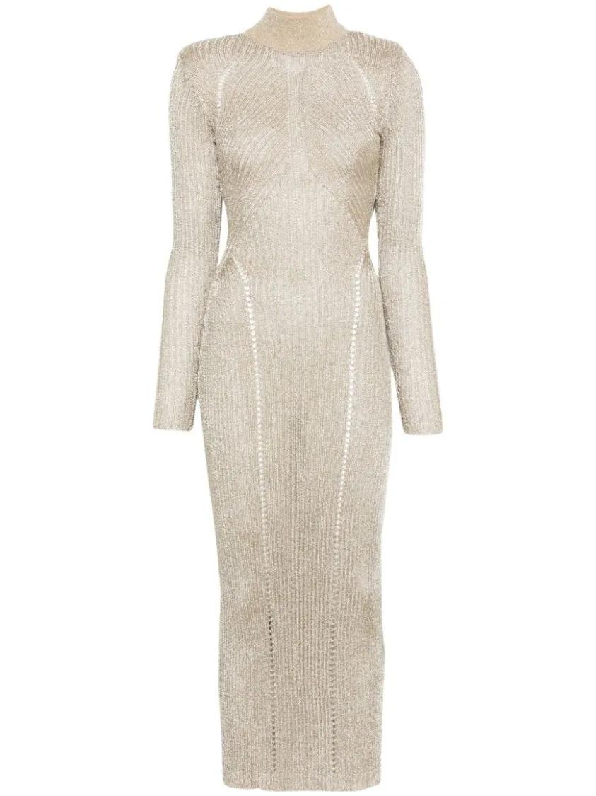Thumbnail - self-portrait - Lurex Knitted Maxi Dress - Größe L - beige
