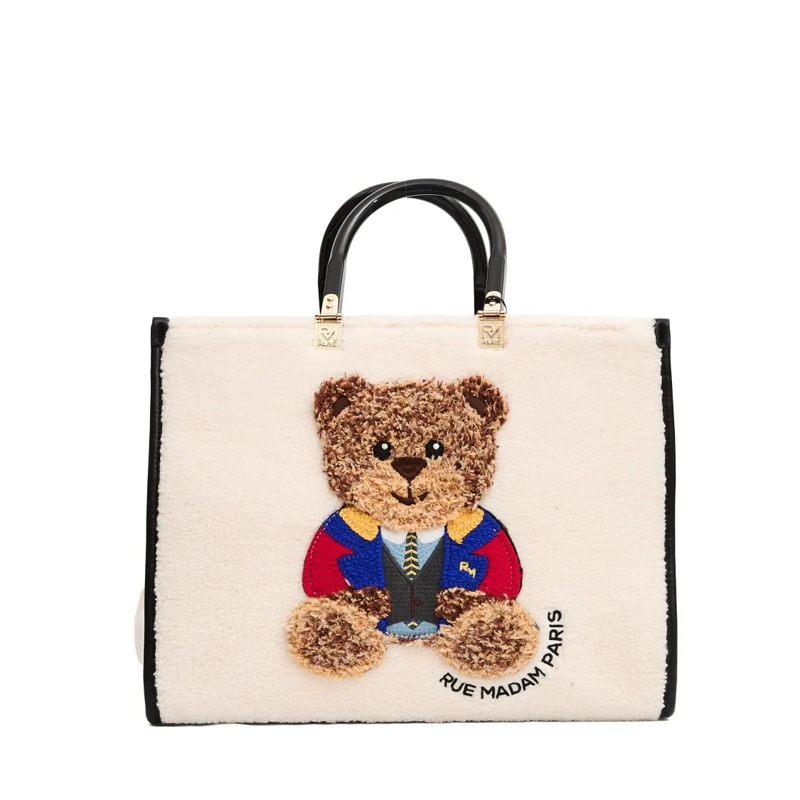 Rue Madame Fourre-tout Tote Bag With Embroidered Teddy Bear And Creamy Te Neutrals