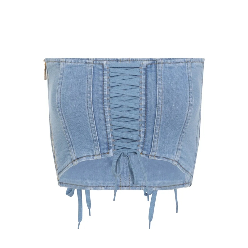 Elisabetta Franchi elegante top Strapless Denim Corset Top With Lace-Up Details Blue