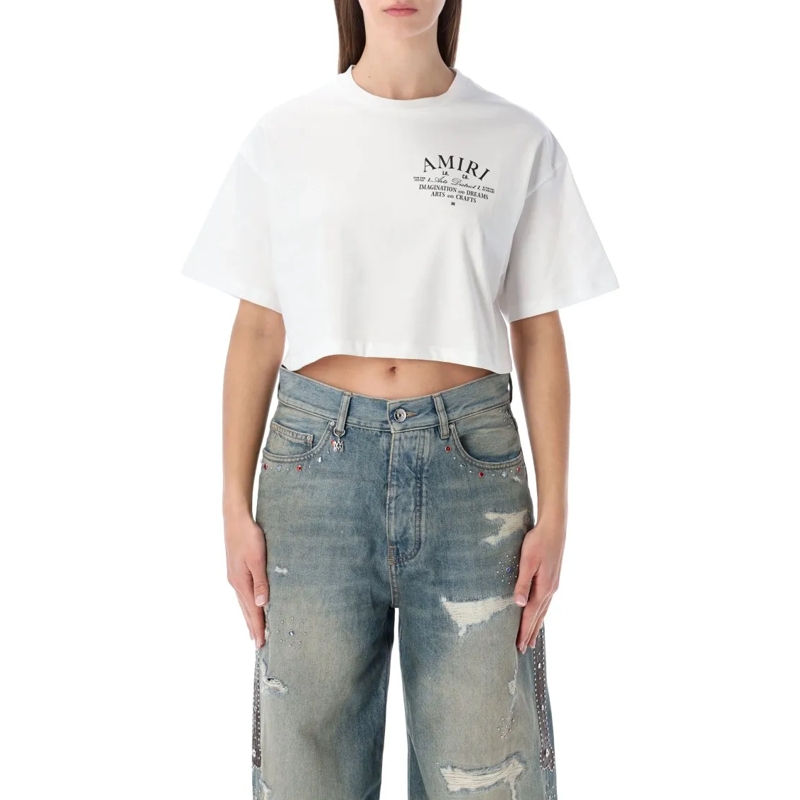 Amiri T-shirt Cropped White Tee With Ribbed Neckline White