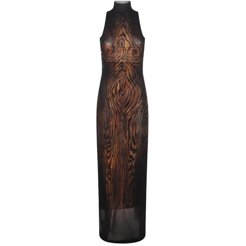 Jean Paul Gaultier Robe midi Long Mesh Dress Double Layer Printed "wood" Black/ schwarz
