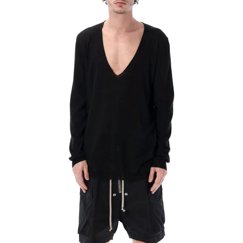 Rick Owens Trui Extreme Deep V Neck Oversized Knit Pullover Black