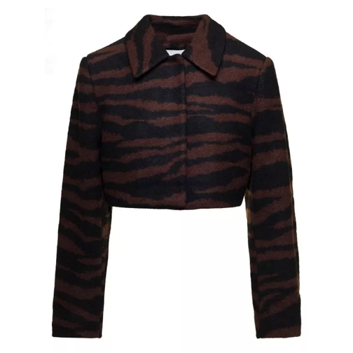 GANNI Brown Cropped Jacket With Zebra Motif In Wool Brown 