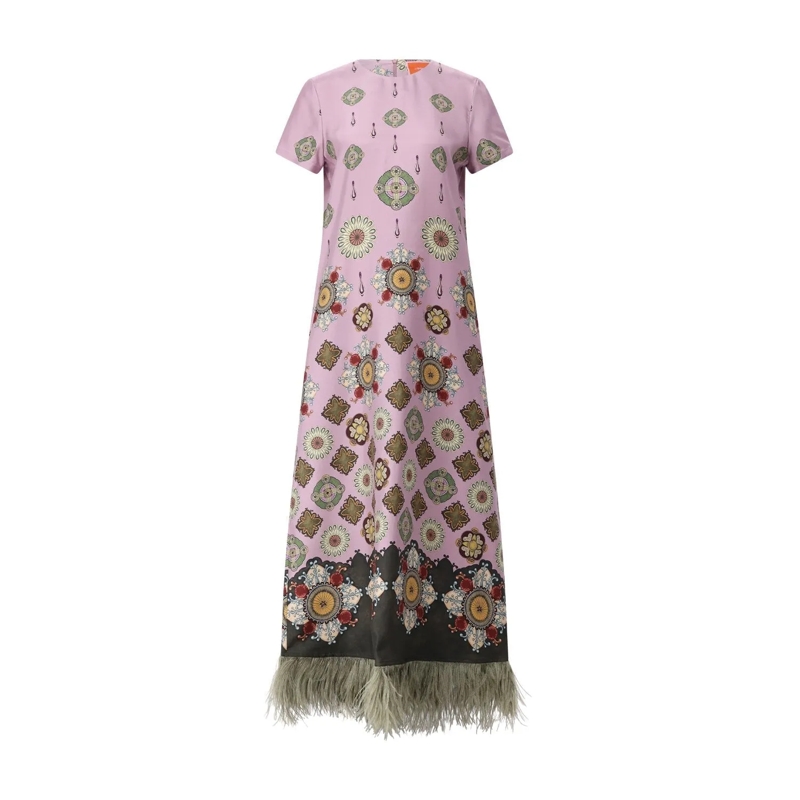 LaDoubleJ  Maxi-Seidenkleid mit Federn Rosa