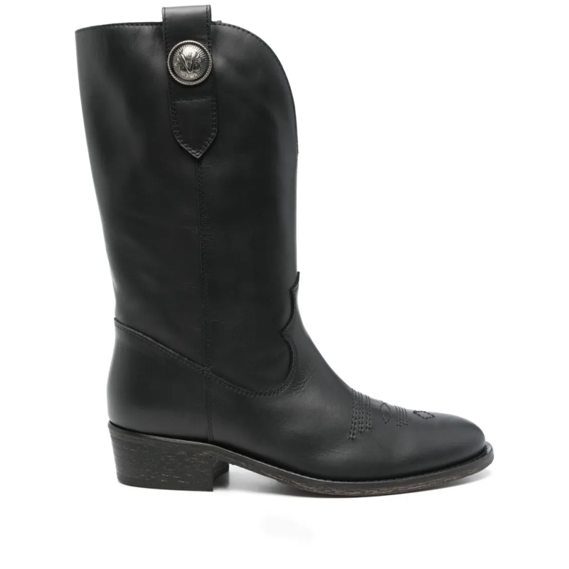 Via Roma 15 Bottes Black Leather Texan Ankle Boots Black