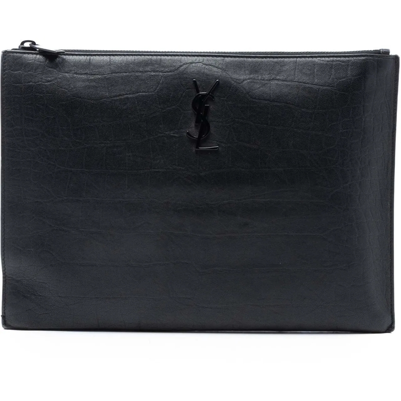 Saint Laurent Clutch Croc Embossed Leather Monogram Zip Pouch schwarz