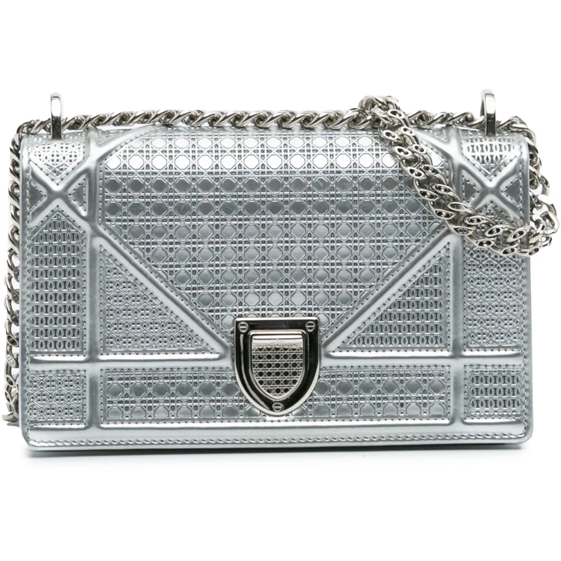 Christian Dior Schultertasche Mini Metallic Patent Microcannage Diorama Flap silber