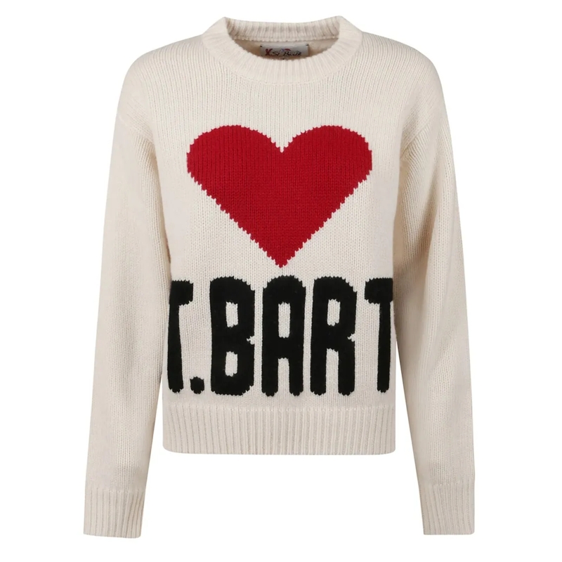 Mc2 Saint Barth Trui Knitted Sweater With Heart Graphic Neutrals