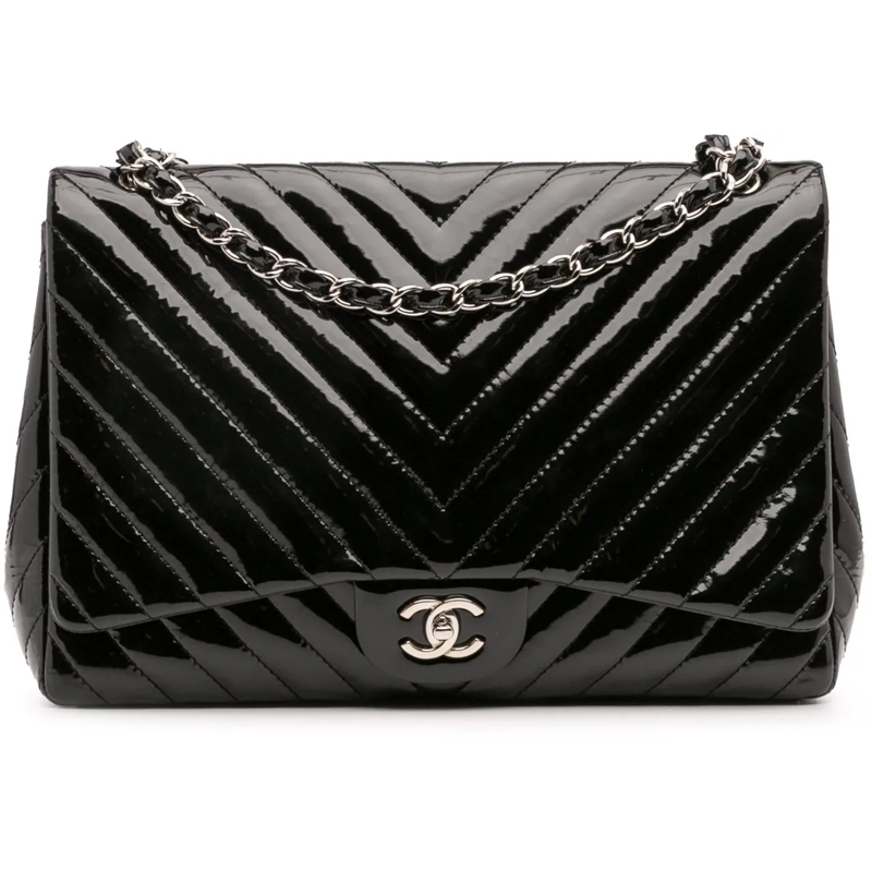 Chanel Sac à bandoulière Maxi Classic Chevron Patent Single Flap schwarz