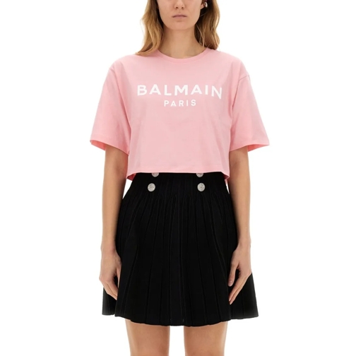 Balmain T-Shirts Cropped T-Shirt With Bold Logo Print Pink