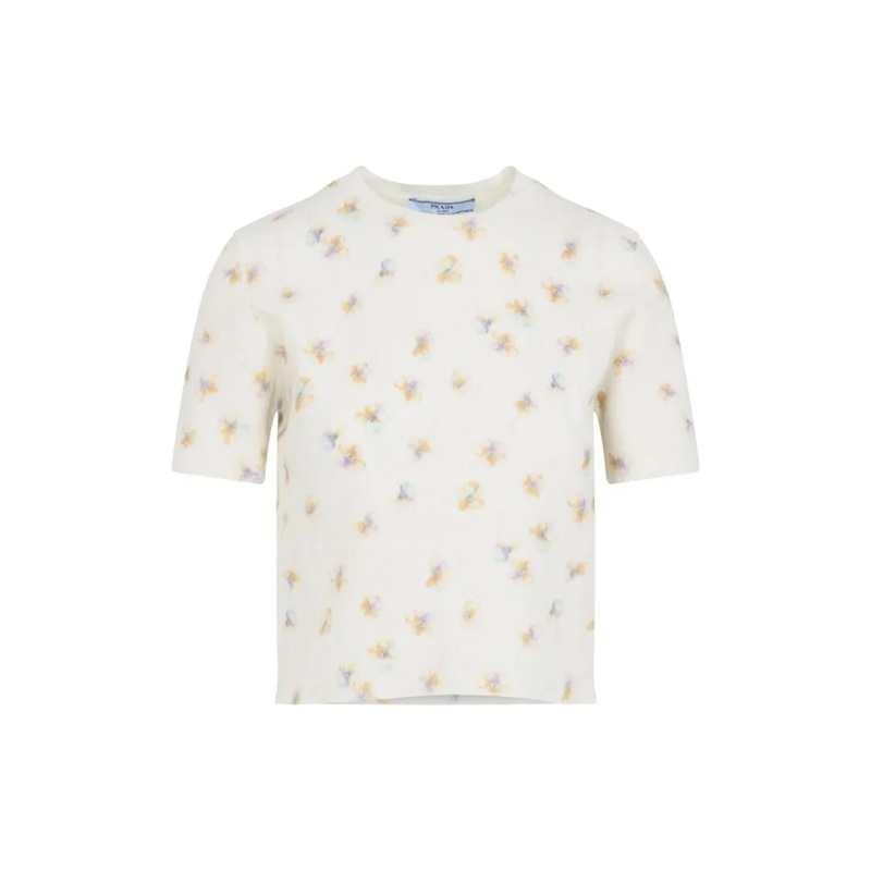 Prada Trui Textured Floral Pattern Wool Sweater White