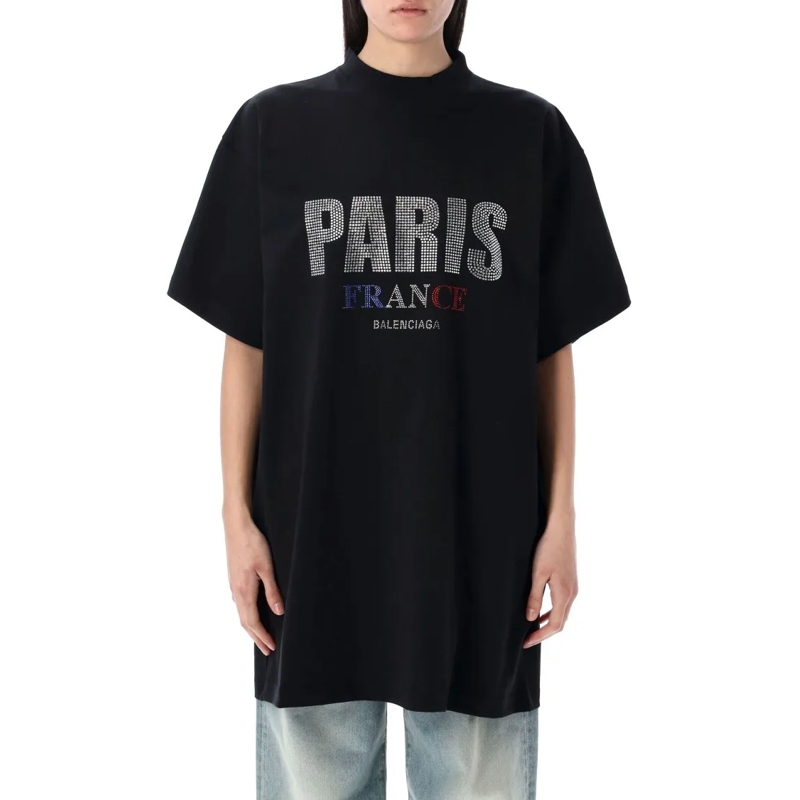 Balenciaga T-shirt Paris Strass Oversized T-Shirt Black