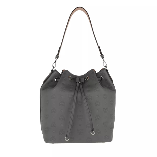 MCM Essential Monogrammed Leather Drawstring Medium Charcoal Bucket Bag