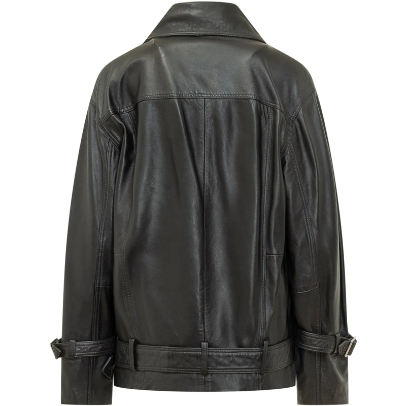 Pinko Veste en cuir Giacca biker in pelle con cintura schwarz(Image 2)