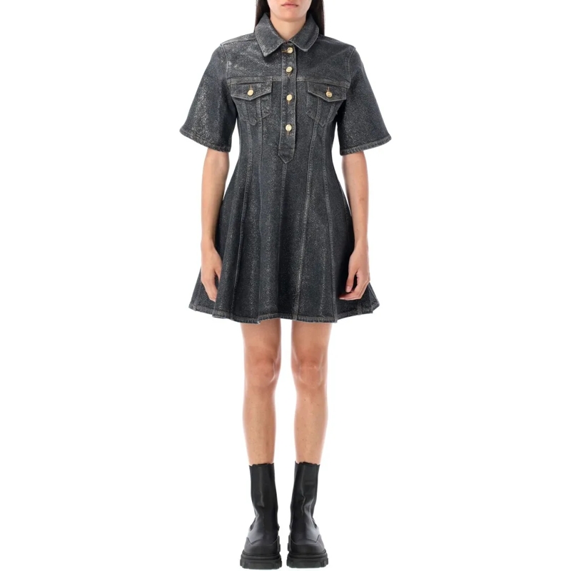 GANNI Minikleid Shimmery Foil Denim Mini Dress Black
