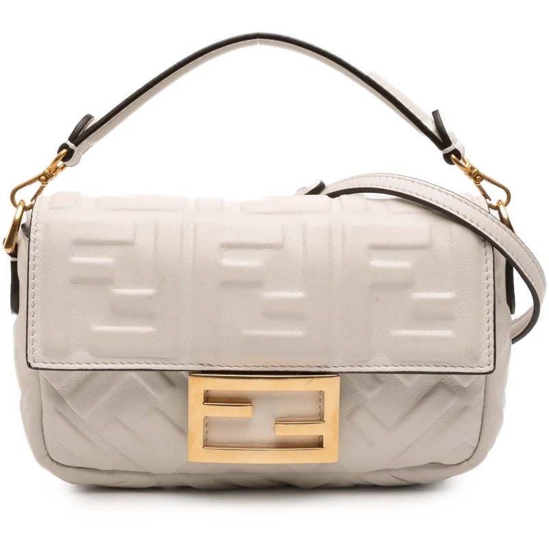 Fendi Schultertasche Mini Zucca Embossed Leather Baguette Satchel weiß