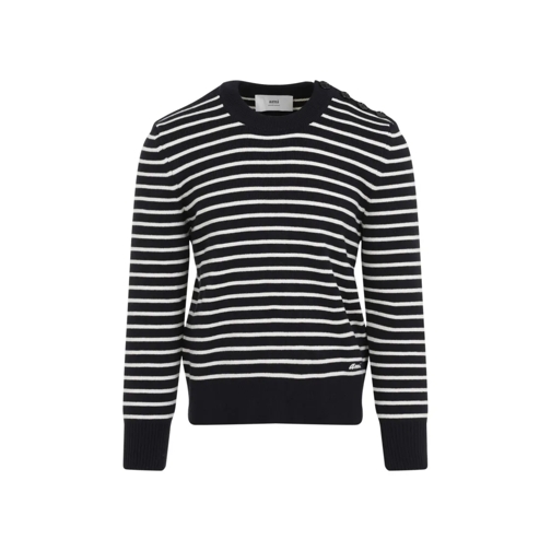 AMI Paris Pullover Sailor Crew Neck Navy Blue And Off White Cotton Pu Blue