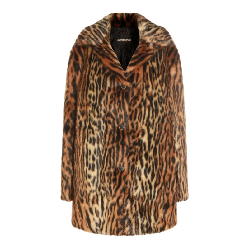 Roberto Cavalli  Short Animal Print Coat With Classic Collar Brown