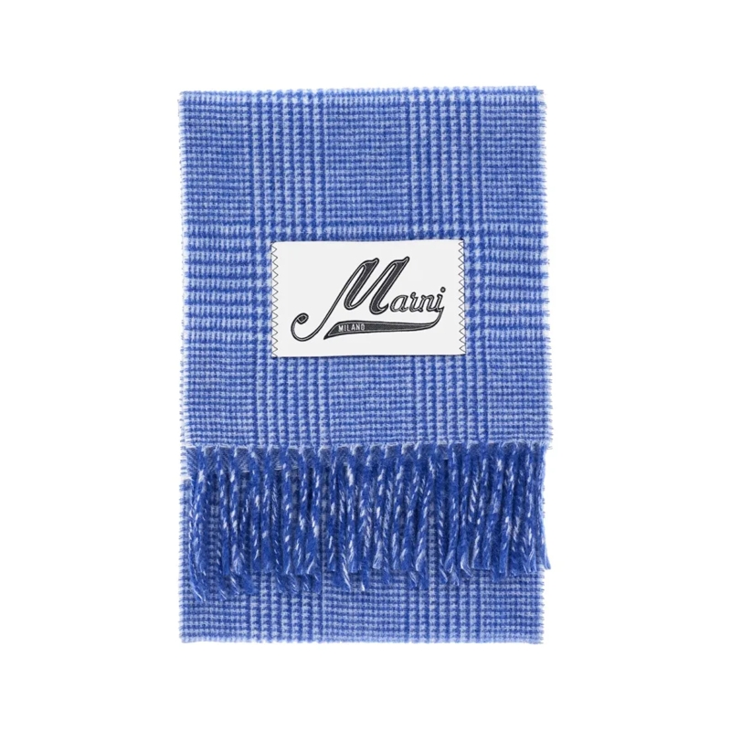 Marni Écharpe légère Classic Check Wool Scarf With Logo Label Blue