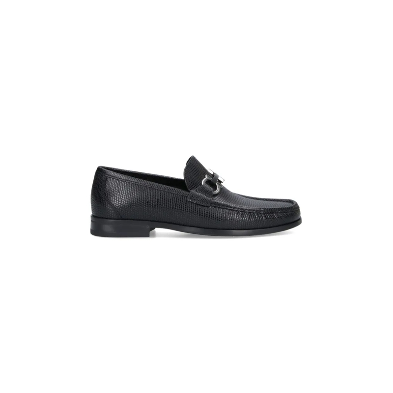 Salvatore Ferragamo Mocassin Textured Black Leather Loafers With Metallic Bit D Black