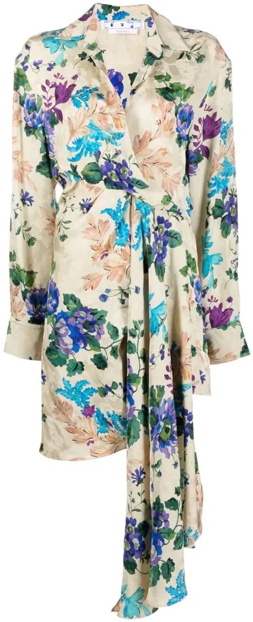 Thumbnail - Off-White - floral-print asymmetric shirtdress - Größe 38 - bunt
