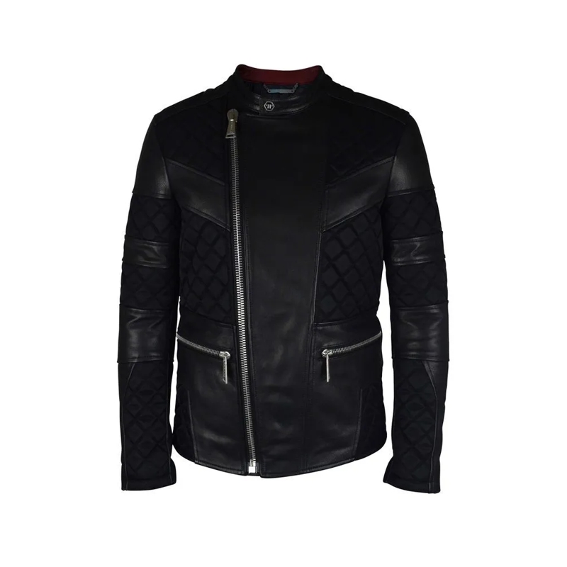 Philipp Plein Lederjacke Black Leather Biker Jacket With Quilted Panels Black