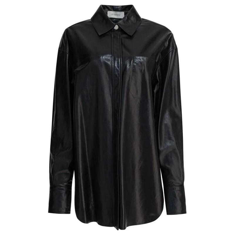 Max Mara Overhemd Glossy Finish Leather Shirt With Classic Collar Black