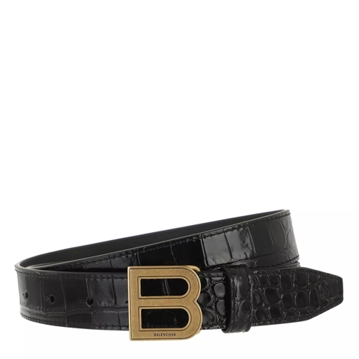 Balenciaga Hourglass Belt Shiny Croc Embossed Leather Black Dünner Gürtel