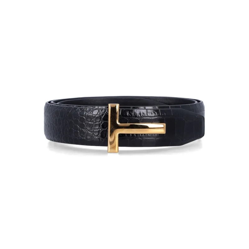 Tom Ford Riem Croc-Embossed Leather T Buckle Belt Black