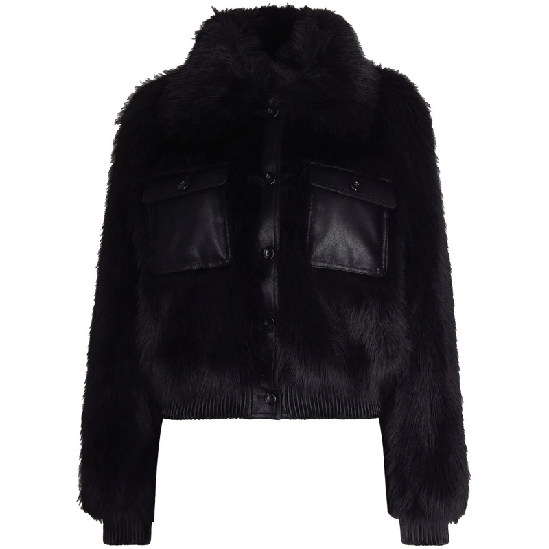 LIU JO Blouson aviateur Plush Eco Fur Bomber Jacket With Ribbed Details Black