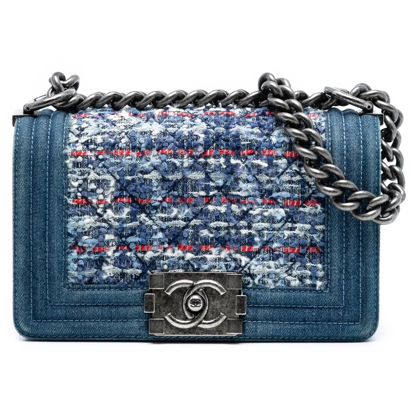 Chanel Schultertasche Small Quilted Denim and Tweed Boy Flap blau