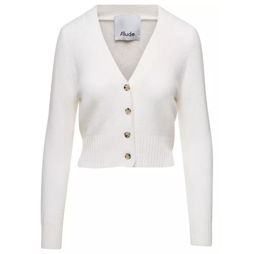 Allude White V Neck Cardigan With Ribbed Trim In Stretch  White 
